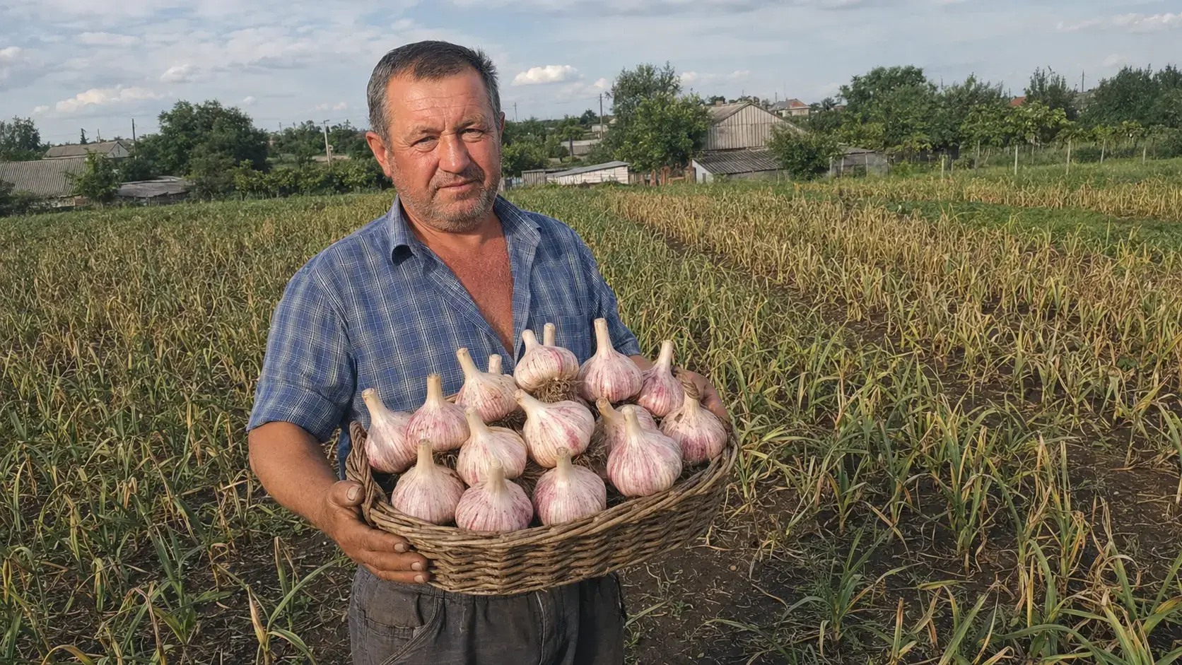 Олег Кириленко на своєму полі під Вінницею, тримає в руці велику головку часнику