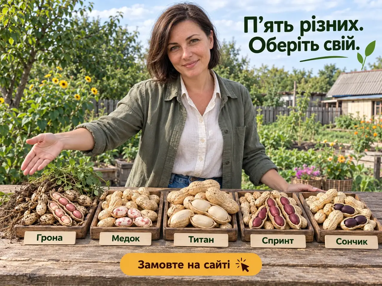 Катерина показує п’ять варіантів арахісу на столі