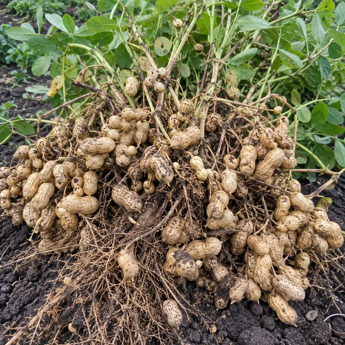 Арахіс «Багатир»: викопаний розлогий кущ, усипаний стручками, у руках
