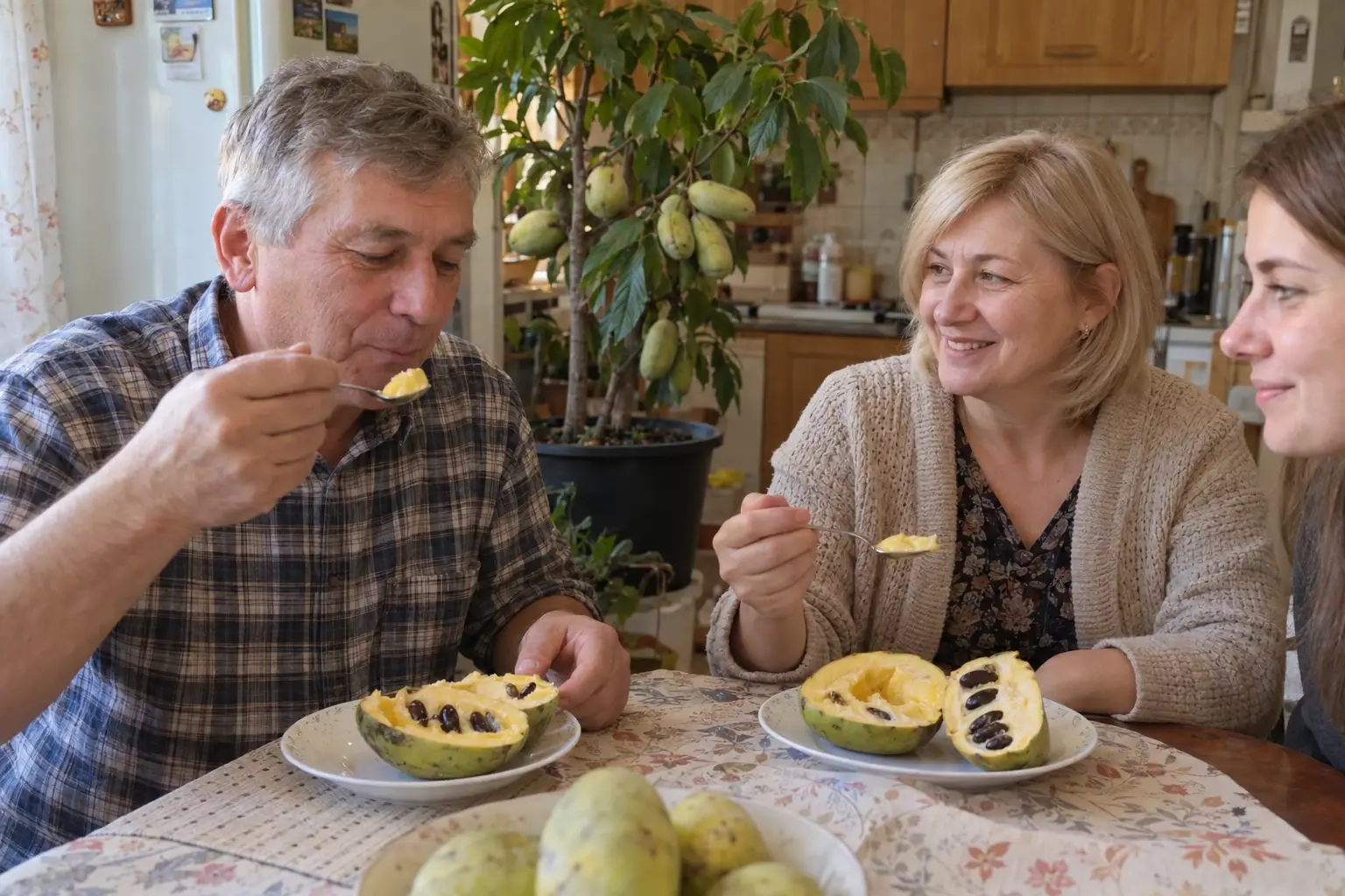 Родина на кухні куштує плоди азиміни