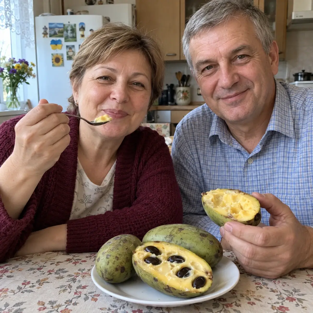 Родина куштує стиглий плід азиміни ложкою